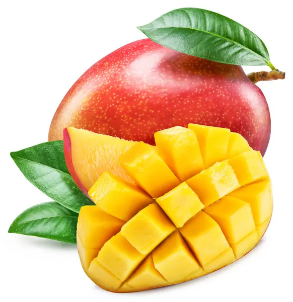 Φρούτα Μάνγκο Πράσινο Φύλλο Και Μάνγκο Κομμένα Στυλ Σκαντζόχοιρου Λευκό Εικόνα Αρχείου