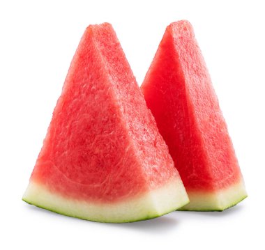 Karpuz üçgeni tohumsuz dilimler beyaz arkaplanda izole edilmiş. Kesme yolu.