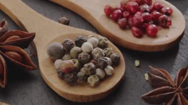 Tahta kaşıklardaki çeşitli baharatlar, projeleriniz için harika bir gıda arka planı olan çerçeve boyunca yavaşça ilerler..