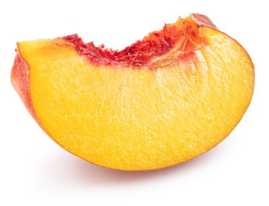 Ripe juicy yellow peach slice streaked with red flesh isolated on white. File contains clipping path. clipart