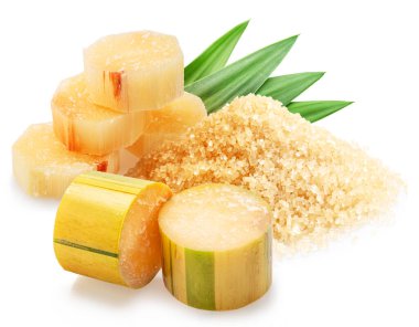 Peeled sugarcane rounds and pile of cane sugar isolated on white background. clipart