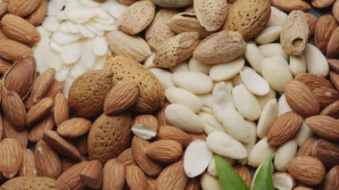 Kabuklu badem, soyulmuş badem ve badem dilimleri ile badem ağacı yaprakları yavaşça daire şeklinde döner..