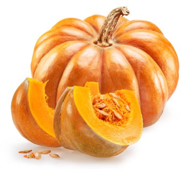 Turuncu yuvarlak balkabağı ve balkabağı dilimleri ve beyaz arka planda izole edilmiş tohum. 