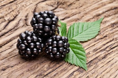 Three blackberries with green leaves on old wooden background. clipart