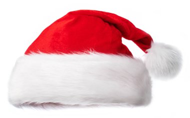 Beyaz arka planda izole edilmiş Noel Şapkası ya da Noel Şapkası. Noel 'in, yeni yılın, bayramın ve mutluluğun sembolü. Kesme yolu.