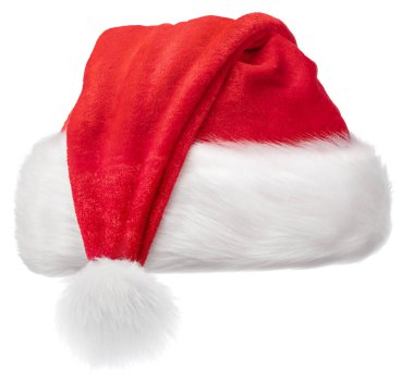 Beyaz arka planda izole edilmiş Noel Şapkası ya da Noel Şapkası. Noel 'in, yeni yılın, bayramın ve mutluluğun sembolü. Kesme yolu.