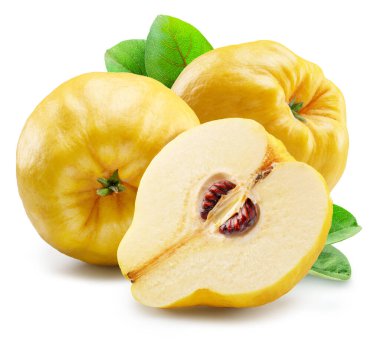Quinces ve Quince 'in beyaz arka planda yeşil yapraklı boylamsal bölümü. Dosya kırpma yolu içeriyor.