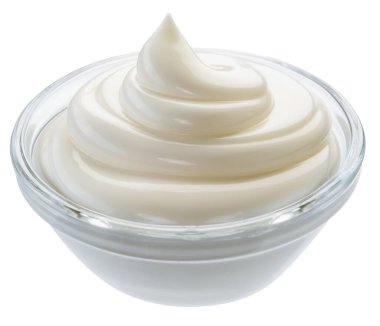 Cam kasede mayonez sosu, yakın plan, ön manzara. Dosya kırpma yolu içeriyor.