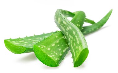 Beyaz arkaplanda taze aloe vera yaprağı kesikleri var..