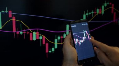 Tüccar veya yatırımcı telefon ve bilgisayar üzerinden borsa veya kripto pazar grafikleri veya grafikleri izliyor veya bakıyor. PS ekranının önündeki grafiklerle el ele tutuşan insanlar.