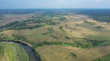 Ukrayna 'nın insansız hava aracından güzel bir görüntü - Seym nehri, nehirde ağaçlar ve açık alanlarla güneşli bir yaz günü.