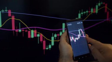 Tüccar veya yatırımcı telefon ve bilgisayar üzerinden borsa veya kripto pazar grafikleri veya grafikleri izliyor veya bakıyor. PS ekranının önündeki grafiklerle el ele tutuşan insanlar.