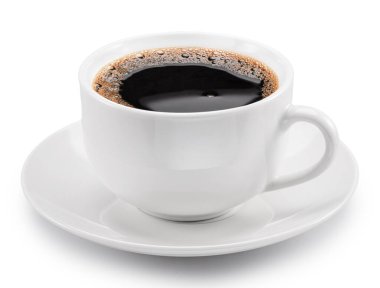 Bir fincan kahve, ön manzara, beyaz arka planda izole edilmiş. Dosya kırpma yolu içeriyor.