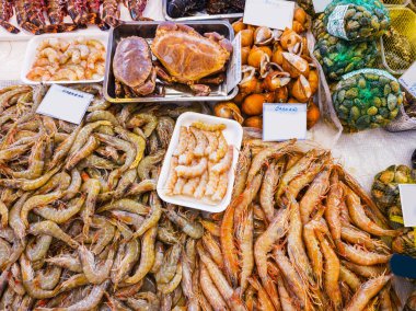 Bir markette farklı kabuklu deniz ürünleri çeşitleri. Taze deniz ürünleri pazarı geçmişi.