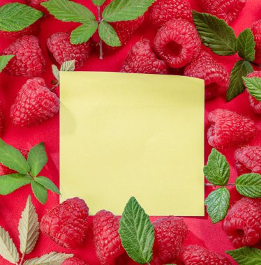 Taze kırmızı olgun ahududu ve yeşil yapraklar kırmızı arka planda çerçeve olarak düzenlenmiş ve ortada sarı boş kart..