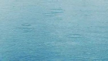 Havuzun pürüzsüz yüzeyine yağmur damlaları düşüyor. Yavaş çekim orta çekim görünümü.