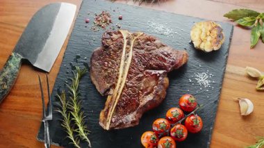 Biftek, otlar, sarımsak ve domateslerle servis panosuna yakın çekim. Üst görünüm.