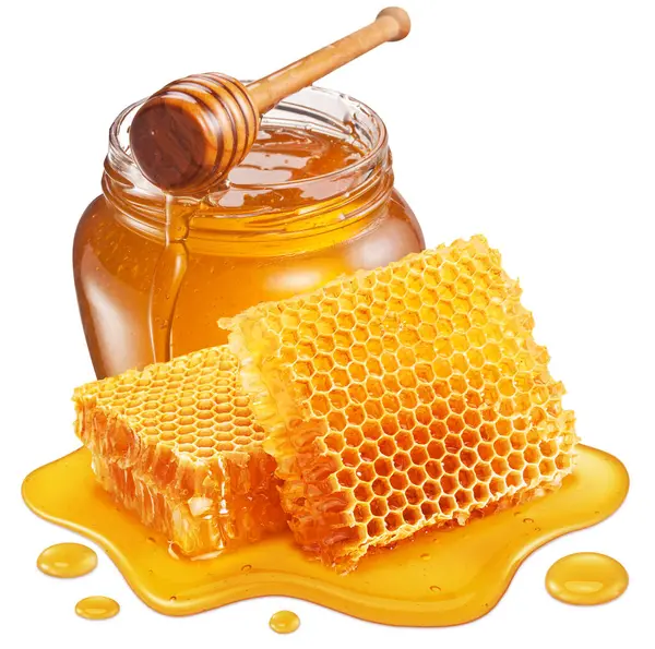 Cam kavanozda doğal organik bal, bal kovanı ve bal peteği var. Dosya kırpma yolu içeriyor.