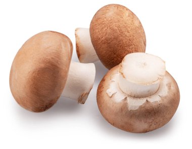 Beyaz arka planda üç kahverengi şampiyon mantarı. Dosya kırpma yolu içeriyor.