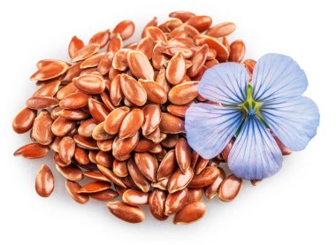 Mavi narin keten çiçeği beyaz arka planda izole edilmiş keten tohumu yığınının üzerinde yatıyor. Dosya kırpma yolları içeriyor.