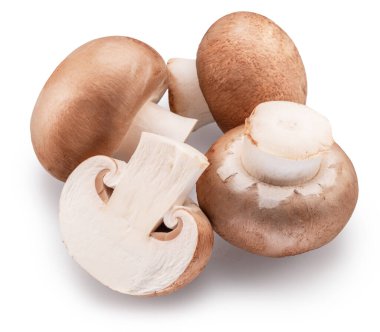 Kahverengi şampiyon mantarları ve beyaz arka planda yarım kesilmiş mantarlar. Dosya kırpma yolu içeriyor.