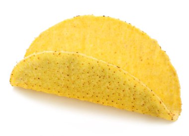 Meksika usulü taco ya da sığır etli tortilla beyaz arka planda izole edilmiş. Dosya kırpma yolu içeriyor.