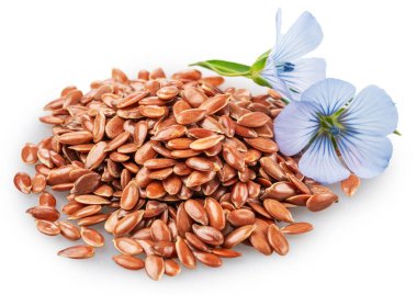 Mavi narin keten çiçeği beyaz arka planda izole edilmiş keten tohumu yığınının üzerinde yatıyor. Dosya kırpma yolu içeriyor.