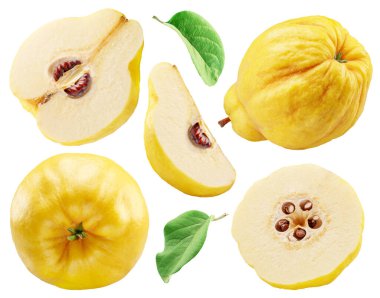 Ayva seti, ayva parçaları ve beyaz arka planda yapraklar. Dosya kırpma yolları içeriyor.