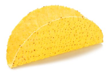 Boş Meksika taco kabuğu ya da beyaza izole edilmiş mısır tortilla. Dosya kırpma yolu içeriyor.