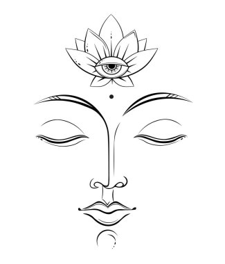 Detailed line art drawing of Buddha face with opened lotus flower on his forehead. Spiritual concept. Buddhism. 