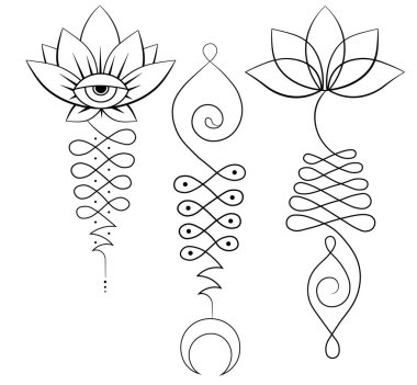 Line art set of lotus and sacred geometry. Unalome symbol. Yoga, Buddhism, spiritual symbols.