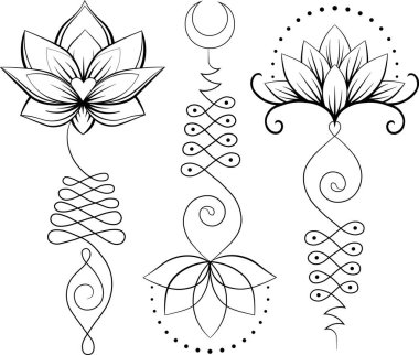 Line art set of lotus and sacred geometry. Unalome symbol. Yoga, Buddhism, spiritual symbols.