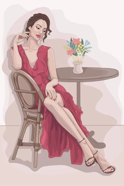 Wysoki Szczegół Elegancka Pani Czerwonej Sukience Pozowanie Siedzi Drewnianym Krześle — Wektor stockowy