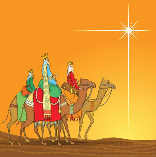 Trzej Mędrcy Podążają Gwiazdą Odnaleźć Dzieciątko Jezus — Wektor stockowy