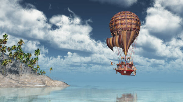 Fantasy hot air balloon over an island landscape