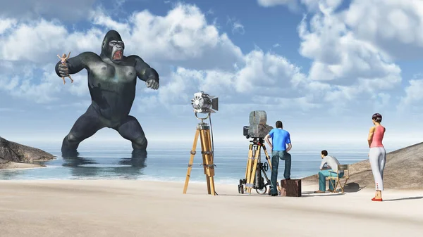 Gorila Enorme Com Mulher Sua Mão Equipe Filmagem — Fotografia de Stock