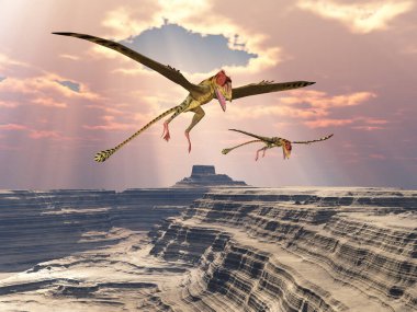 Pterosaur Peteinosaurus kanyon üzerinde uçuyor.