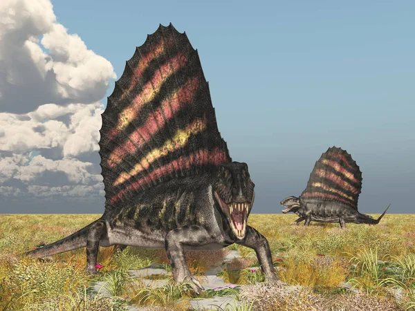 Bir Manzarada Pelycosaur Dimetrodon — Stok fotoğraf