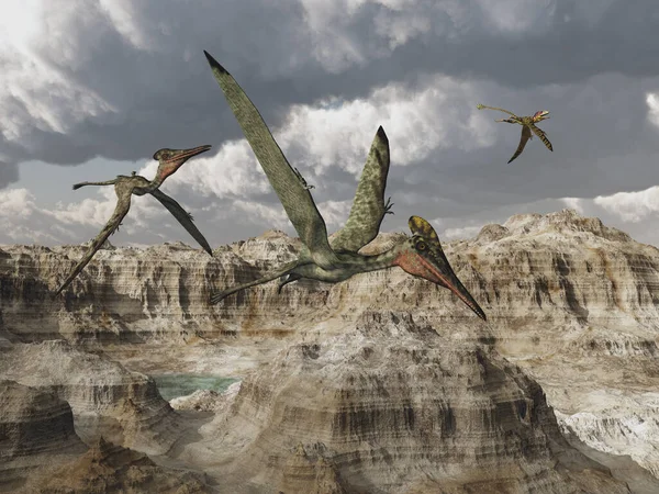 Pterosaur Pterodactylus Bir Dağ Manzarasının Üzerinde Uçuyor — Stok fotoğraf