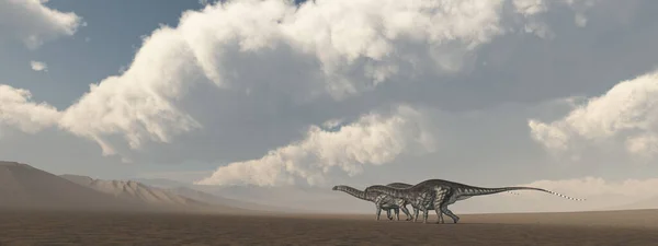 砂漠の風景の中に恐竜アパトサウルス — ストック写真
