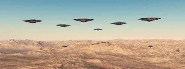 stock image Flying saucers over a landscape