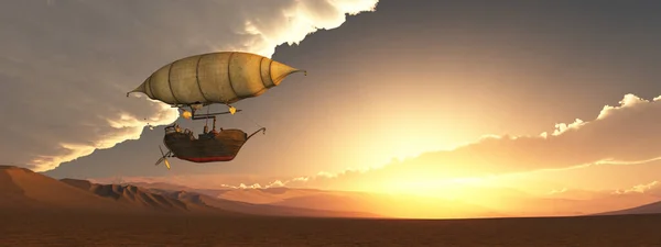 Fantasie Luchtschip Boven Een Landschap Bij Zonsondergang — Stockfoto