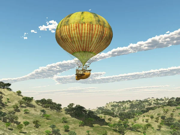 Fantasy hot air balloon over a mountain landscape