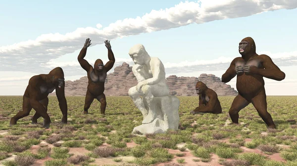 Gorilas Con Escultura Pensador —  Fotos de Stock