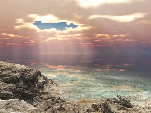 Pobřežní Krajina Sluneční Paprsky Obloze — Stock fotografie