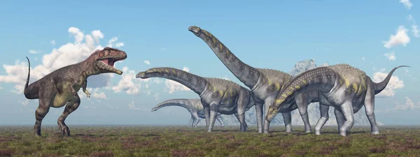 Vista Panorâmica Com Dinossauros Mapusaurus Argentinosaurus — Fotografia de Stock
