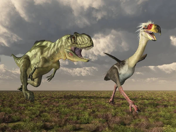 Dinosaurie Yangchuanosaurus Och Terror Fågel Phorusrhacos — Stockfoto