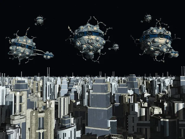 夜になると未来都市を巡る宇宙船 — ストック写真
