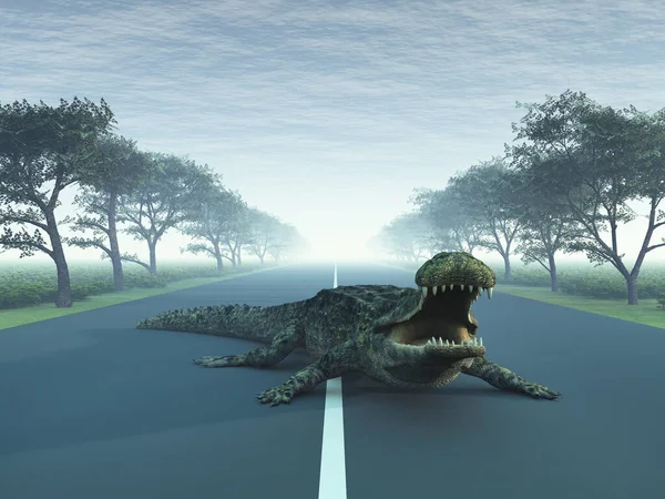 Prehistoric crocodile on a country road at dawn