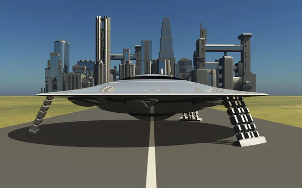 在一个有摩天大楼的大城市前面的乡间路上放着飞碟 — 图库照片